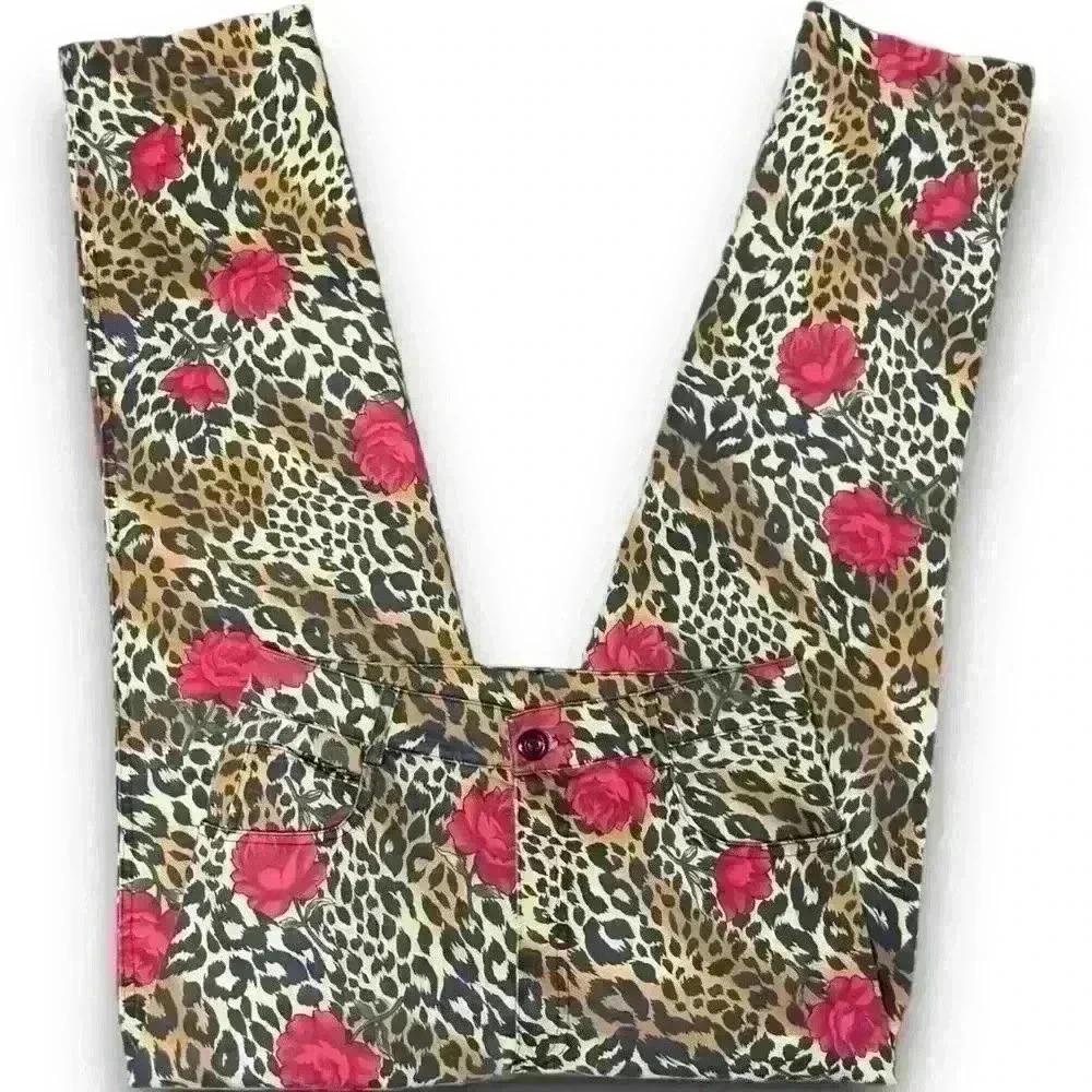Cheetah Floral Print High Waisted Jeans Pants Straight Leg Trousers Multicolor 4